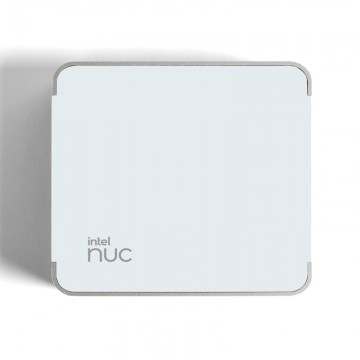A white Intel NUC mini PC for all personal and professional uses.