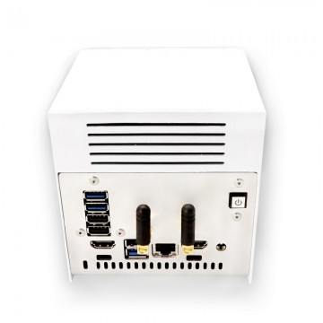 A mini computer with multiple connectors like a classic desktop PC