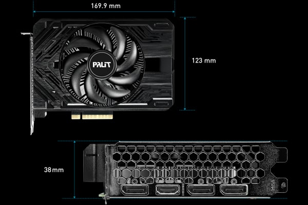 Palit GeForce RTX™ 4060 StormX Grafikkarte mit kleinem Formfaktor, die bis zu 4 Bildschirme anzeigen kann